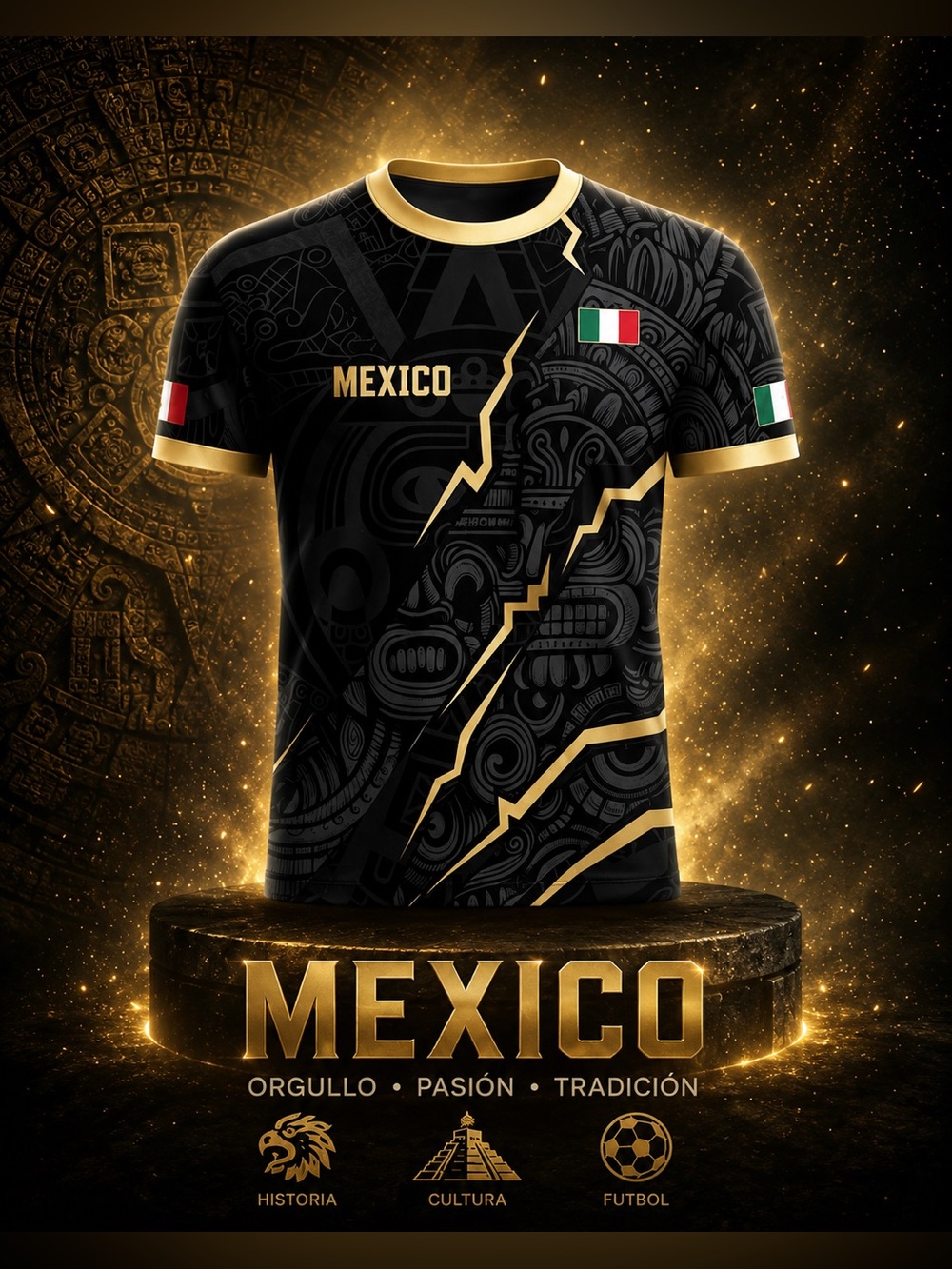 🩵🆕🩵Mexico Black and Gold Graphic Men's Shirt (XXL) 100% Polyester